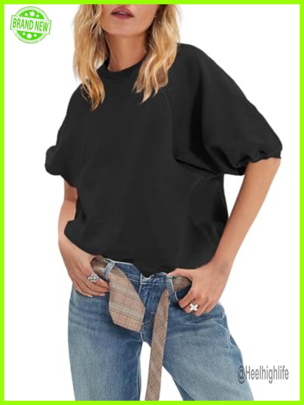 Womens Oversized Short Sleeve Sweatshirt Crewneck Puff Sleeve Top